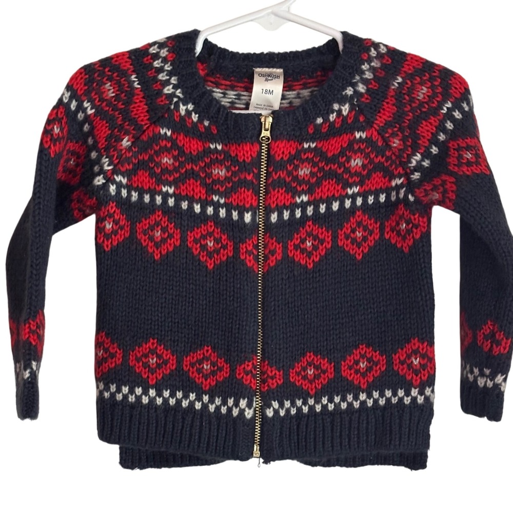 OshKosh 18M Baby Fair‎ Isle Zip Cardigan Sweater Red Navy Holiday Toddler EUC